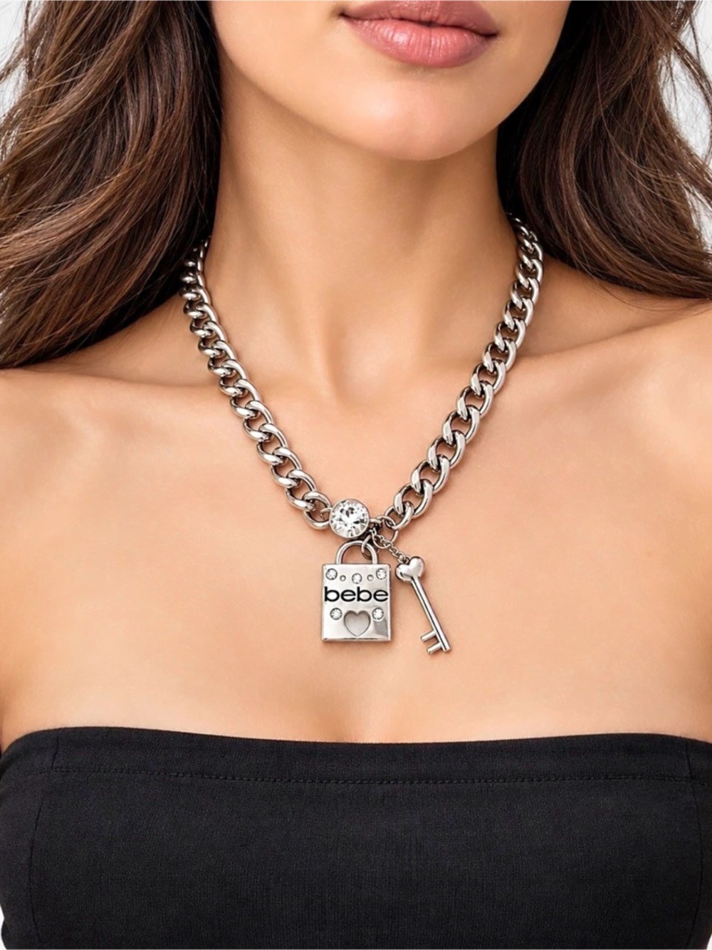 Bebe Women's Silver Lock and Key Chain Necklace Fashion Jewelry